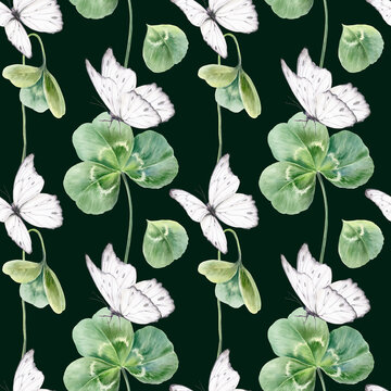 Seamless pattern of three leaf clovers,scattered petal,white butterflies,celebrating St. Patricks Day,Irish heritage.Soft watercolor with fresh greens for festive branding,event decor,cultural designs
