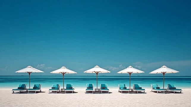 Beach with lounge chairs and umbrellas