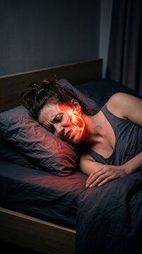 Woman experiencing jaw pain while sleeping, highlighting temporomandibular joint disorder. Concept of health problem, teeth grinding or bruxism, dental issue for medicine.