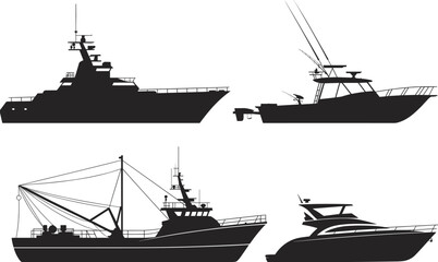Silhouettes of four different boats including military vessel, sport fishing boat, commercial trawler, and luxury yacht representing marine diversity © MSTAYESHASIDDIKA