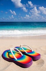 Obraz premium Bright Colorful Beach Footwear On Sand Ocean Backdrop For Summer Vacation Travel Holiday