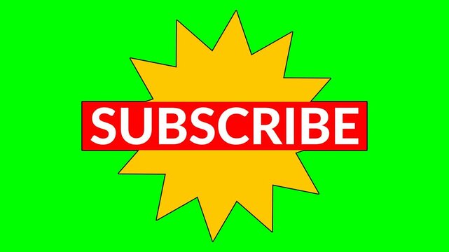 Seamless looping 4k animation of white subscribe text on a red rectangle shape with a rotating twelve-pointed orange star ornament, set against a green screen background for easy editing
