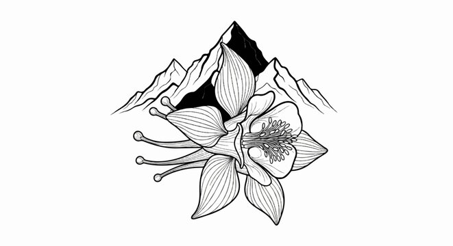 Delicate flower with spur petals in front of jagged mountain peaks