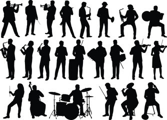 Silhouettes of twenty musicians playing diverse instruments including trumpet, saxophone, violin, drums, flute, cello, and microphone performance © MSTAYESHASIDDIKA