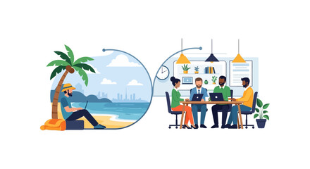 Obraz premium Remote Work vs. Office Collaboration: Hybrid Workplace & Modern Business Dynamics