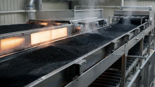 Medium shot from side angle showing carbon black pellet drying in a conveyor system with visible steam vents and cooling sections emphasizing material handling stages