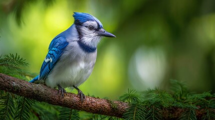 Blue Jay Bird Perched on a Branch Surrounded by Greenery