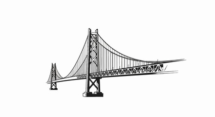 Fototapeta premium Detailed black and white illustration of a suspension bridge with towers and cables