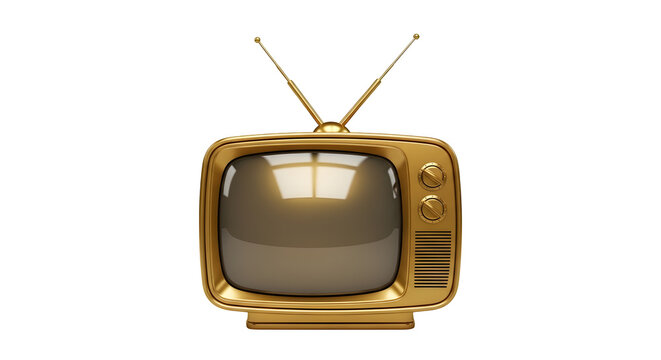 golden retro television with antennas and glossy metallic design, isolated on white or transparent background. PNG