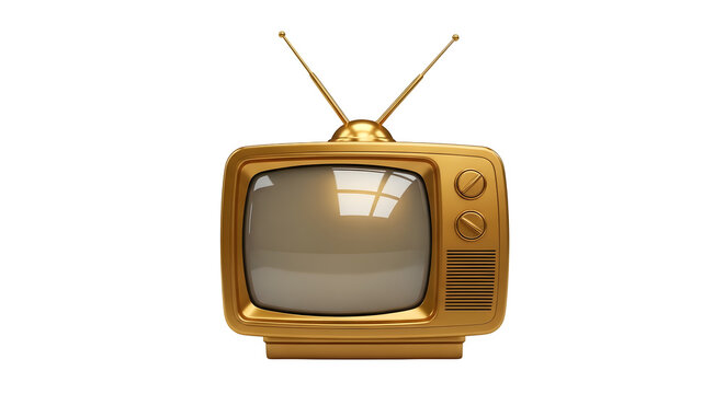 golden retro television with antennas and glossy metallic design, isolated on white or transparent background. PNG
