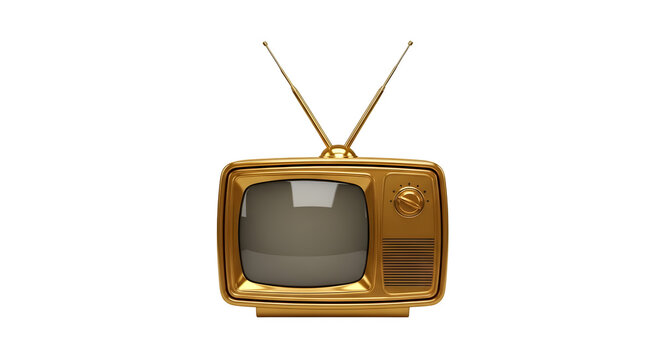 golden retro television with antennas and glossy metallic design, isolated on white or transparent background. PNG