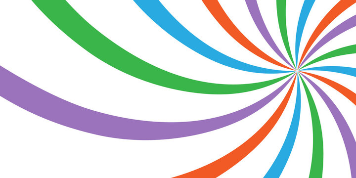 Vibrant abstract radial spiral background showcasing green, blue, orange, and purple rays, creating an energetic design