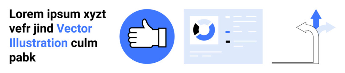 Obraz premium Digital communication, business analysis, navigation, feedback, decision-making, performance tracking. Thumbs-up, chart and road sign with arrow. Communication and business analysis