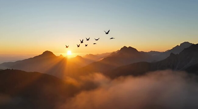 Scenic mountain landscape at sunrise with birds flying overhead in harmony
