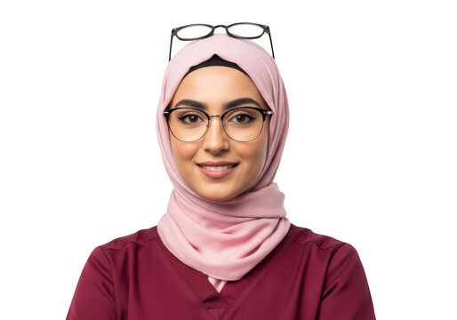 Professional woman wearing a hijab and dark glasses posing confidently isolated on transparent background Png, png
