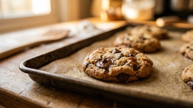 Chocolate chip cookies on a baking sheet
