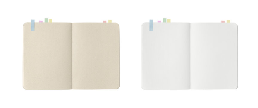 Overhead shot of two open notebook pages on a desk, one with clean white paper and one with kraft brown paper. Both notebook have sticky notes attached. 