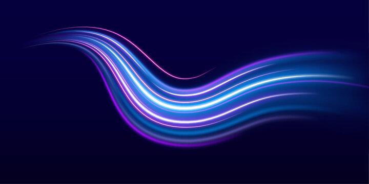 Bright neon streams curve across a dark futuristic background, creating the illusion of rapid digital movement and flowing energy. Sparkling particles follow each glowing path.