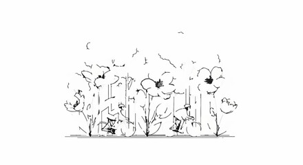 Cyclists ride through a field of stylized poppies under a sky with abstract shapes