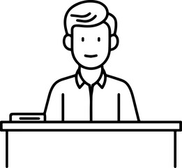 Obraz premium Hand Drawn Man Sitting at Desk Black and White Avatar Illustration in Minimal Line Art Style Design