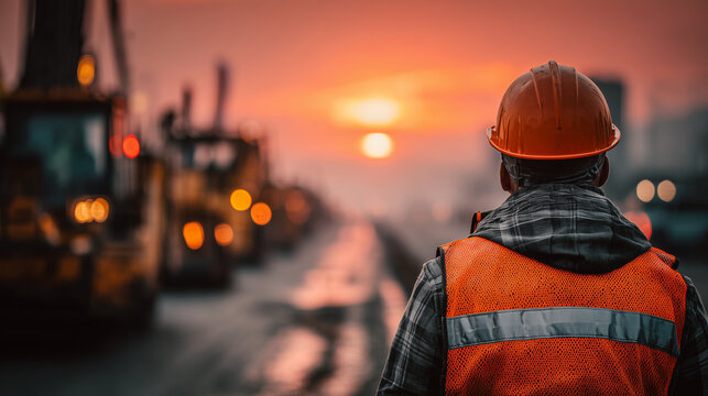 Construction worker in safety helmet and reflective vest inspecting road work site at sunset