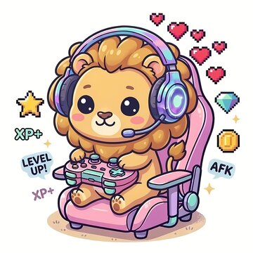 Cute Lion Gamer Sitting on Pink Gaming Chair - Kawaii Lion Cub Video Game Level Up Concept Vector Illustration