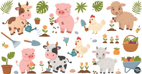 Obraz premium Farm Animals Gardening Set Featuring Cow, Pig, Chicken, and Sheep with Plants, Tools, and Harvest for Whimsical Illustrations
