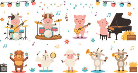 Musical Farm Animals Set Featuring Cow, Pig, Chicken, Sheep, and Goat Playing Instruments in a Fun Band Performance © Sujon Shah