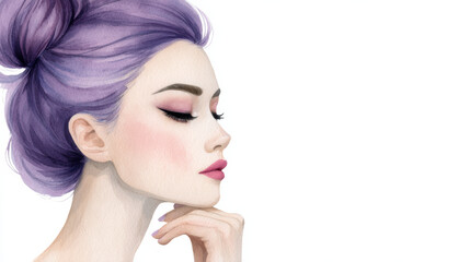 Naklejka premium Elegant watercolor portrait of a serene woman with purple hair and soft makeup, minimal beauty illustration with copy space, feminine skincare and fashion concept.