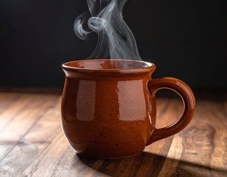 Taza de barro con vapor sobre mesa de madera oscura y fondo neutro oscuro
