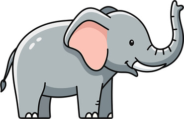 Fototapeta premium A charming and friendly cartoon illustration of a happy grey elephant with a raised trunk, perfect for children's designs and animal-themed projects