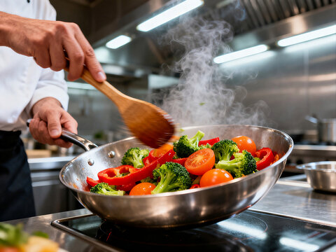 Chef cooking vegetables in a stainless steel pan on a stovetop, steam rising