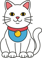 Obraz premium A cute cartoon illustration of a white cat wearing a blue collar with a yellow bell, featuring a simple, clean design perfect for various applications