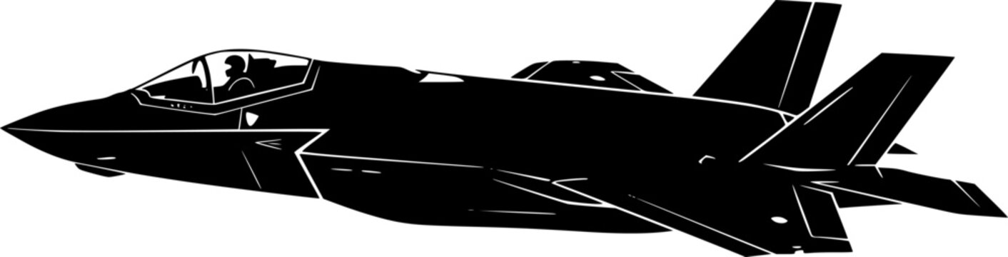 F35 fighter jet icon in a unique style, made in the form of a black silhouette, F 35 aircraft icon with cockpit and pilot silhouettes.
