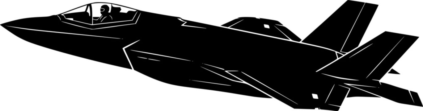 F35 fighter jet icon in a unique style, made in the form of a black silhouette, F 35 aircraft icon with cockpit and pilot silhouettes.
