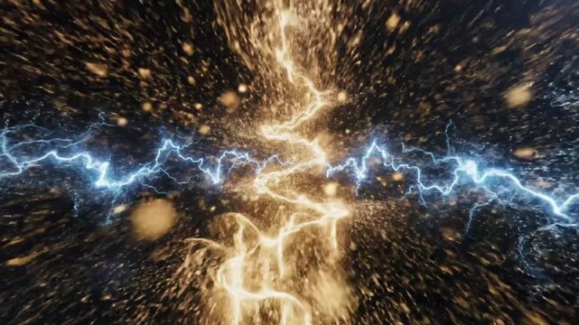 Abstract cosmic energy explosion with electric blue and golden orange lightning against dark space