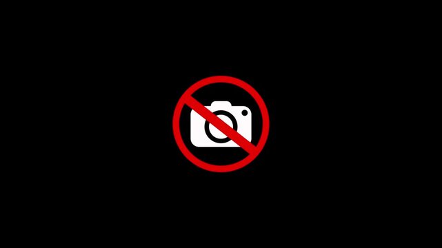 Prohibited sign on camera icon with black background. No camera allowed, No taking photos, No Video Recording, Photos Not Allowed, Photography Not Allowed icon animation