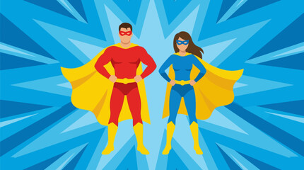 A male and female superhero duo standing confidently with capes against a dynamic blue starburst background, embodying strength and heroism. © Abhinaya Project