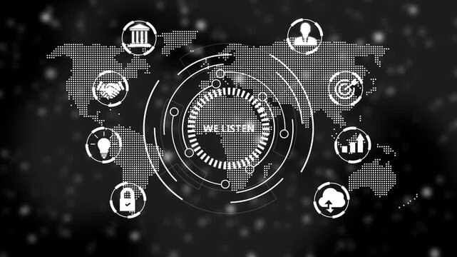 A Business We Listen concept button on a clear projection ,Business, Technology and network concept. Animated Dynamic wave of color particles. Motion graphics of data