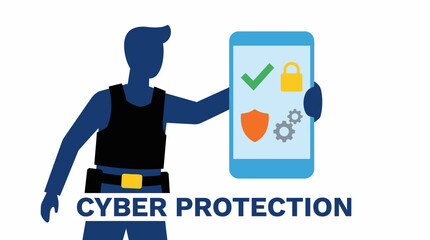 A stylized security professional holding a smartphone displaying cyber protection icons like a checkmark, padlock, shield, and gears, with 'CYBER PROTECTION' text.