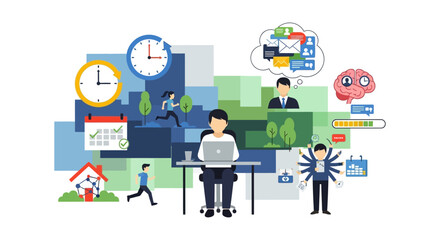 Naklejka premium Work-Life Balance & Productivity: Professional Managing Time, Multitasking, and Digital Tasks in a Connected Environment