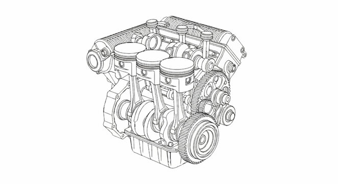 Detailed mechanical illustration of a multi-cylinder internal combustion engine