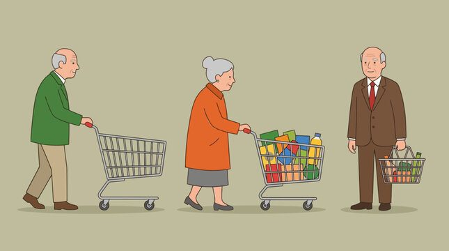 Three elderly people shopping, with one man pushing an empty cart, a woman pushing a full cart, and another man holding a basket.