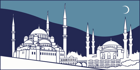 Majestic mosque with domes and minarets under a starry night sky with mountains in the background © Gh