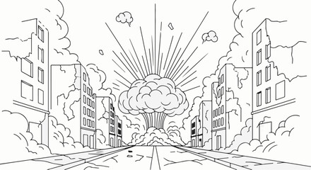 Obraz premium Devastated city street scene with a massive explosion and smoke clouds