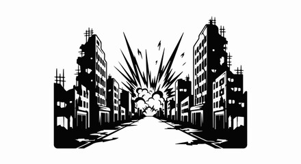 Obraz premium Devastation unfolds in a monochrome urban streetscape during a massive explosion