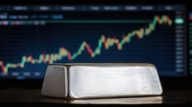 Silver bar in front of rising financial chart symbolizing increasing silver prices, precious metal investment and commodity market growth