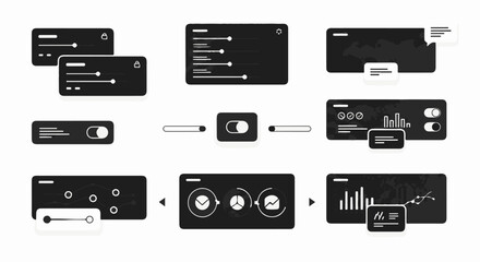 Fototapeta premium Digital interface elements showing sliders, toggles, charts, and graphs