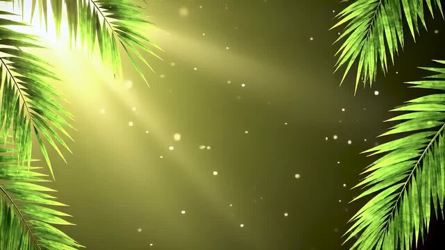 Divine light ray projects holy faith worship atmosphere across green palm sunday abstract background. Floating dust particle creates spiritual copy space for sacred christian greeting.