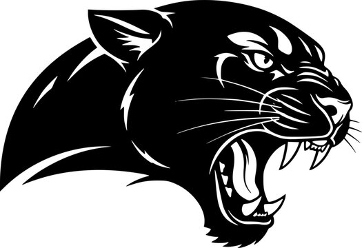 Logo of a black panther or cougar head looking right and roaring, angry black panther icon.
